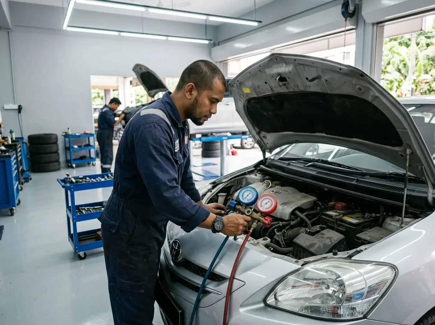 A mechanic connecting an aircond gauge set to a Toyota Vios engine bay