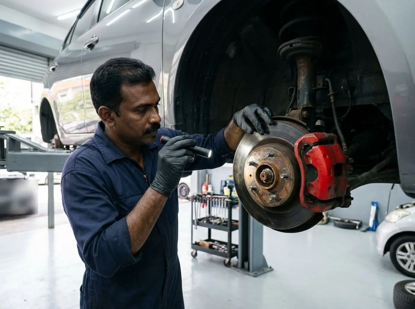 A mechanic inspecting a brake disc and red caliper with a torch