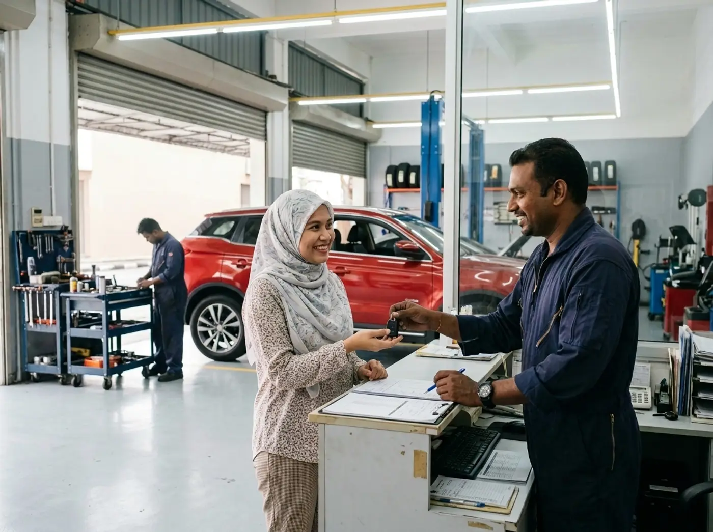 An AutoPro mechanic handing car keys to a customer in a tudung at the workshop counter