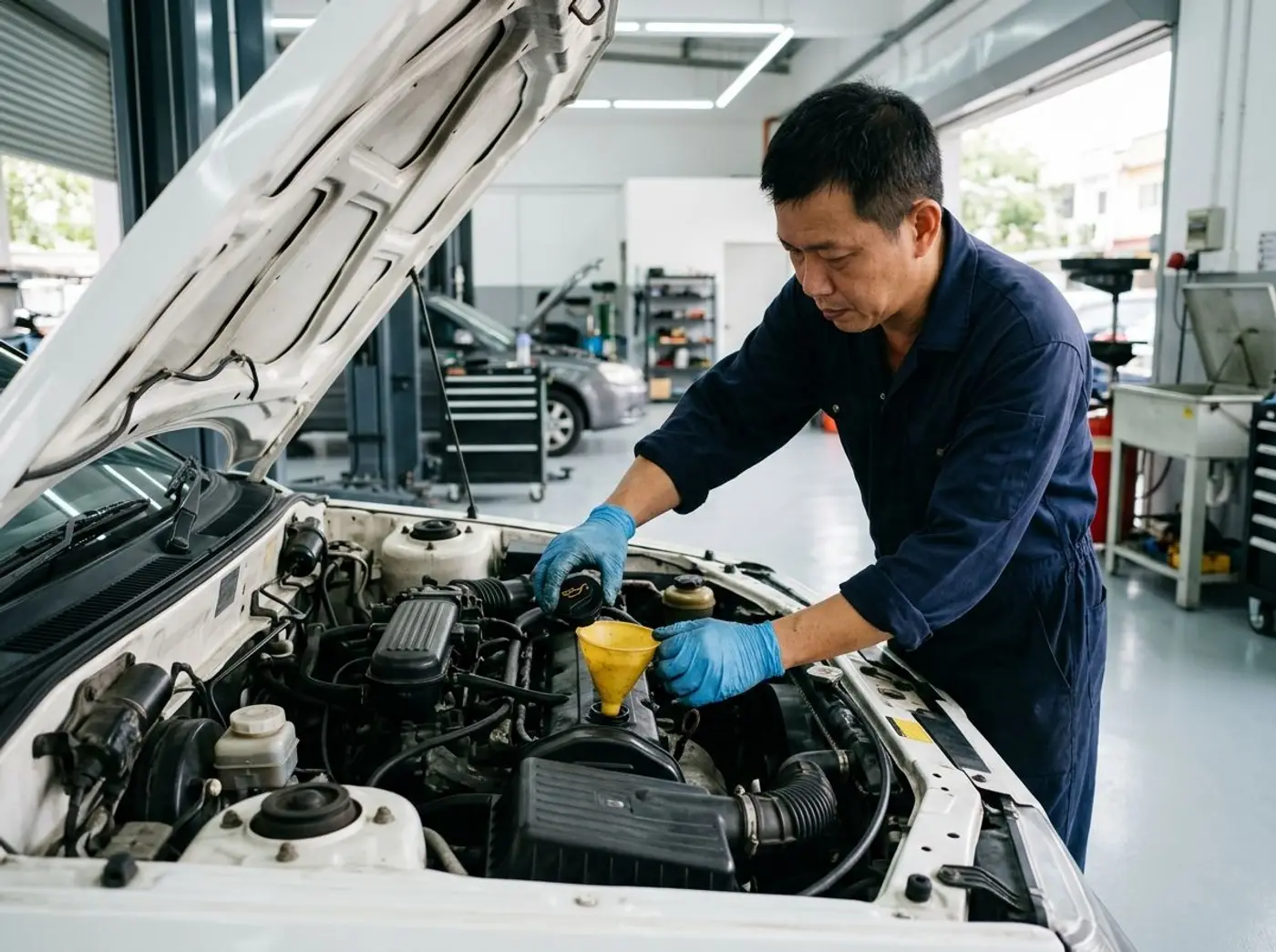 A mechanic in blue overalls topping up engine oil in a white Proton Saga