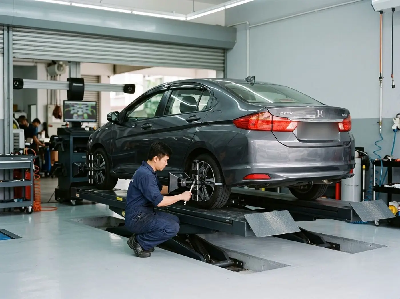 A Honda City on a wheel alignment ramp with a mechanic adjusting a clamp